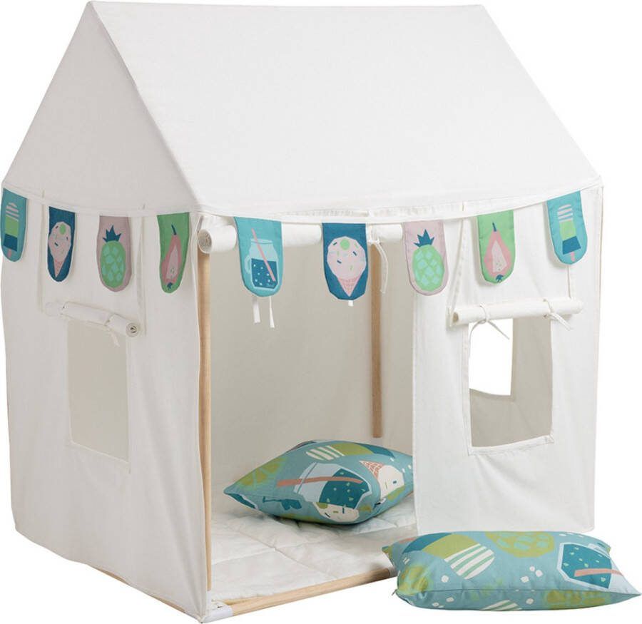 Howa Kindertent indoor Speelhuis Katoen Speeltent met Slinger 2 Kussenhoezen Vloermat L110cmx B80cm x H125cm 3 ramen en zijpanelen die open kunnen 85153