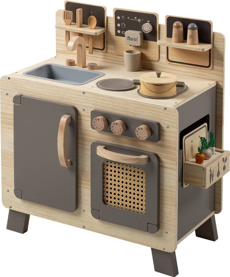 Howa Speelgoed Kinderkeuken Speelkeuken Keuken van Hout FoodieFun dark incl. 10-delig Kookaccessoires 4824
