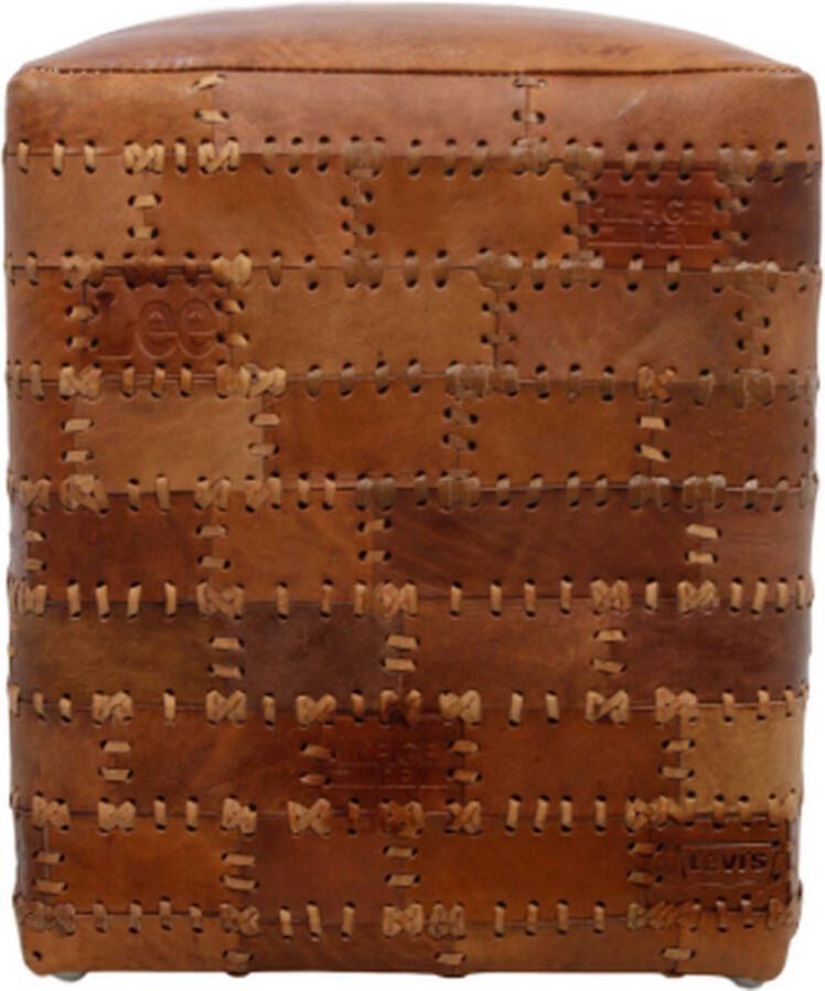 HSM Collection poef Jari patchwork leder vintage cognac Leen Bakker