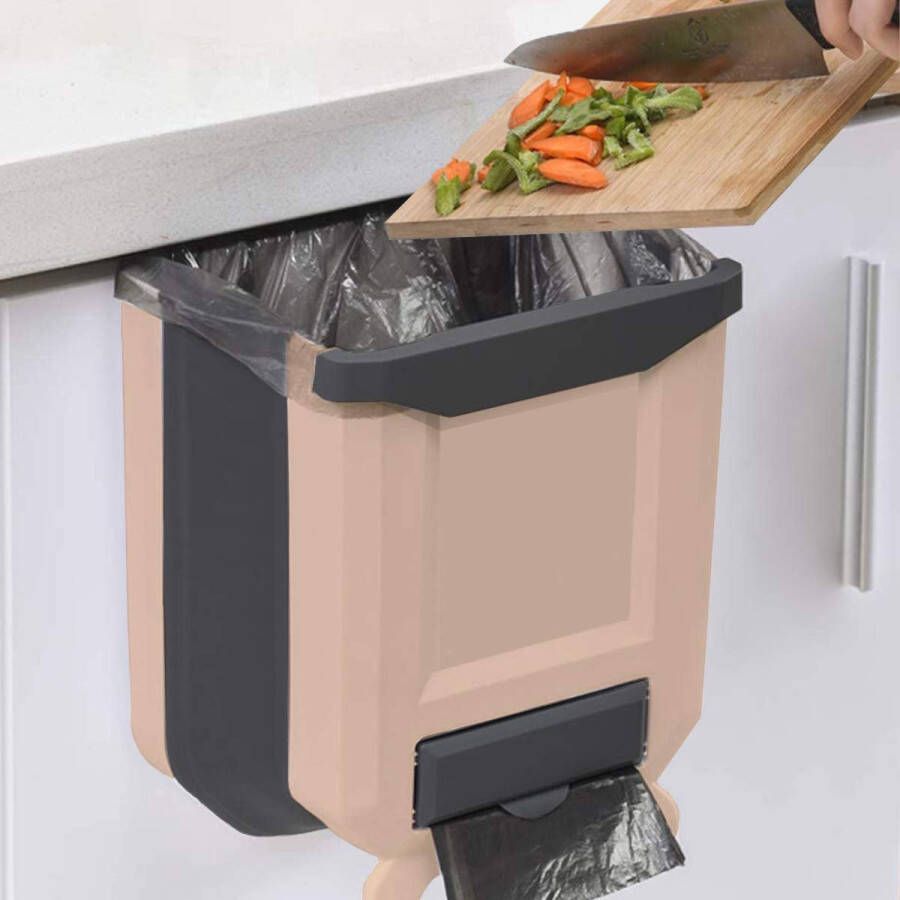 HUAPPNIO Afvalemmer keuken wandmontage plastic opvouwbaar voor kastdeur hangende afvalbak 8 liter beige
