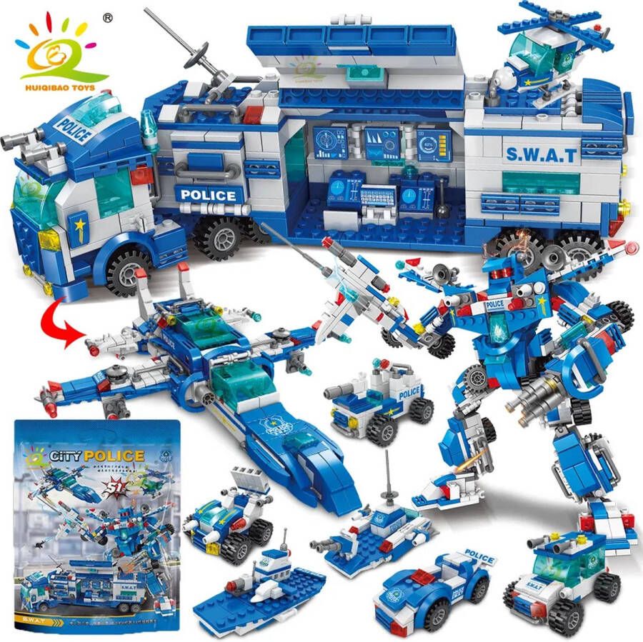 Huiqibao 700Pcs 8in1 Stad Politie Commando Vrachtwagens Bouwstenen Politieagent Robot Auto Helicopter Model Bricks Speelgoed Voor Kinderen