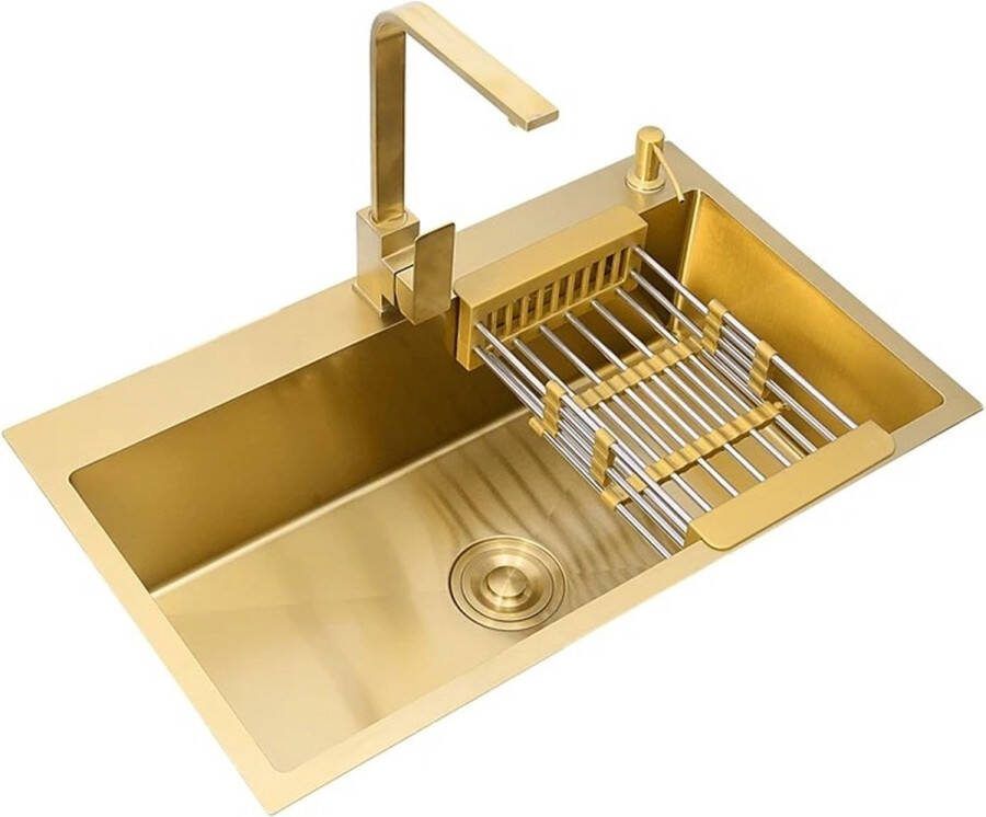 Huis-tuin online Aanrecht Goud Roestvrij Staal Enkele Kom -Mand --Afdruiprek Zeepdispenser Wastafel -45x40 cm