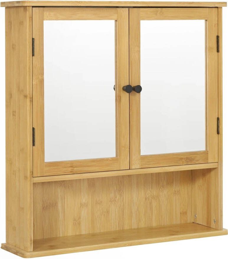 Huis-tuin online Badkamerkast 56x14x58 cm (L x B x H) Badkamermeubel Bamboe- Spiegeldeuren Opslag Verstelbare plank