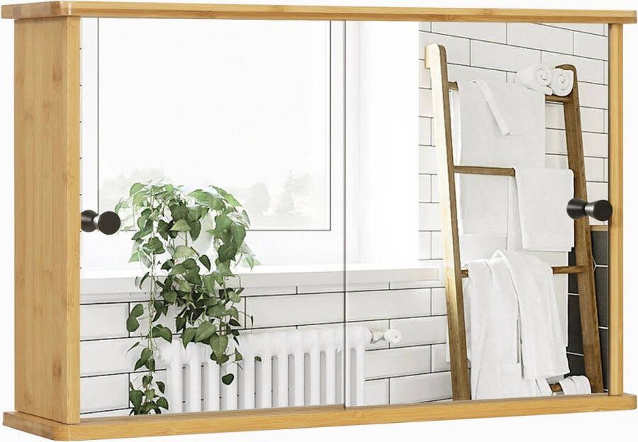 Huis-tuin online Badkamerkast Spiegelschuifdeur badkamermeubel Bamboe sanitairmeubels -Bruin 55x14x35 5 cm