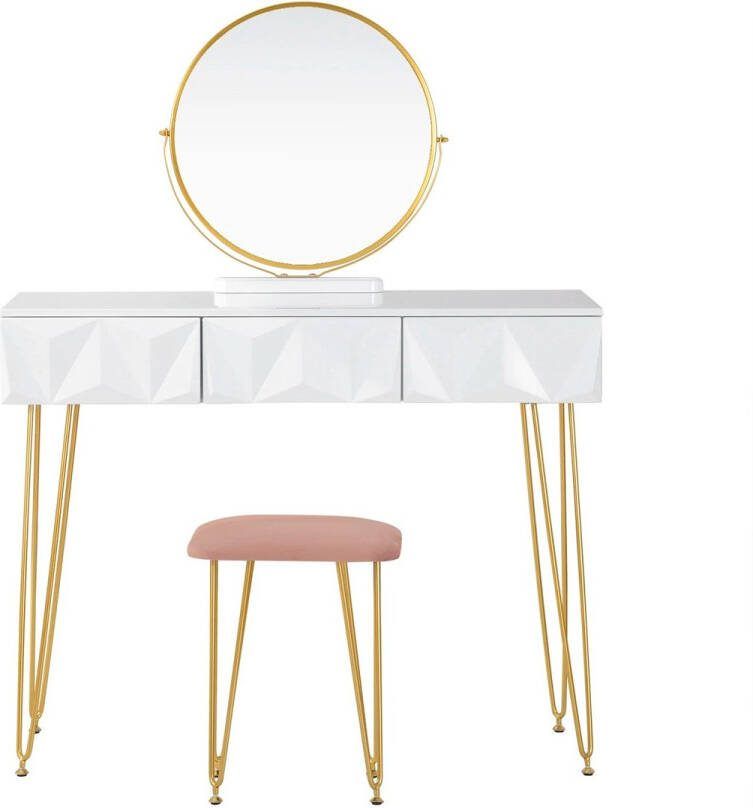 Huis-tuin online Kaptafel Wit Goud Met 3 Laden Fluwelen Kruk Make-up tafel 360 ° Draaibare Spiegel Slaapkamer Tafelafmetingen: 100 x 40 x 79 cm Spiegelafmetingen: 48 5 x 51 5 cm Ladeafmetingen: 33 x 40 x 14 5 cm