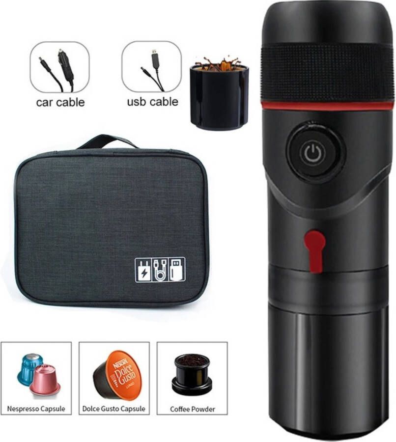 Huiselijk Geluk 3-in-1 Draagbare Koffiemachine Camping Koffiezetapparaat met Adapters en Draagtas 12V Espressomachine voor Auto en Thuis Compatibel met Nespresso Dolce Gusto Capsules en Koffiepoeder