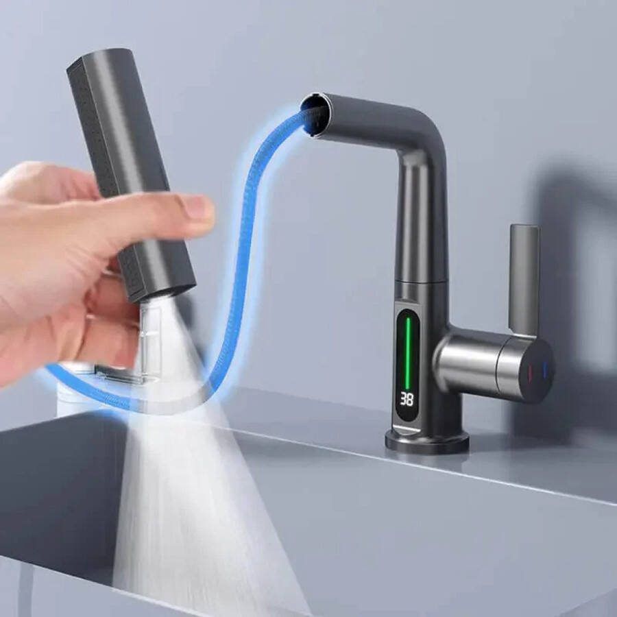 Huiselijk Geluk Luxe Temperatuur Digitale Display Wastafel Kraan Keuken Warm Koud Water Mixer Wastafelkraan Zwart Keukenkraan met Uittrekbare Uitloop Keukenkraan met Handdouche Keukenkraan Zwart