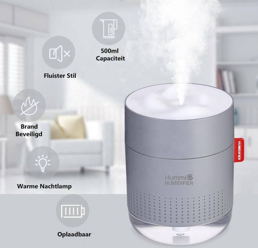 Hummi Snow Mountain 500ML Luchtbevochtiger Handig Oplaadbaare Humidifier & Draadloos Nachtlampje Grijs