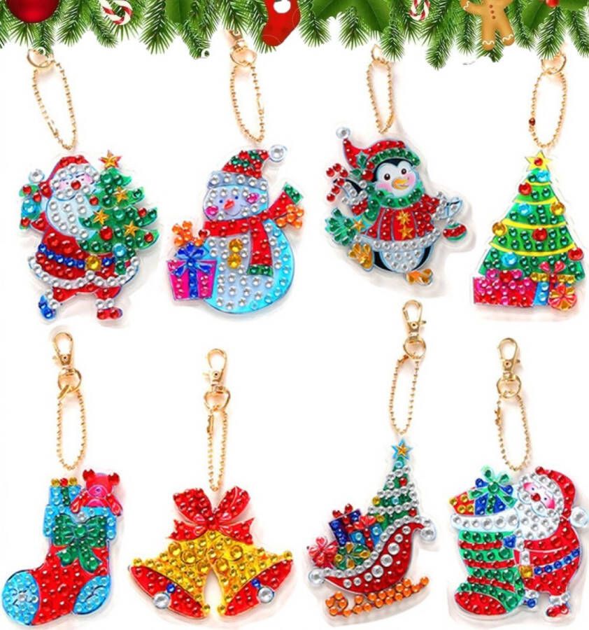 Huntex Diamond Painting Kerst Sleutelhanger 8 x sleutelhanger Dubbelzijdig Kerst Volwassenen Hobby Kinderen Hanger voor aan je tas volledig pakket Kinderfeestje Maak je eigen sleutelhanger