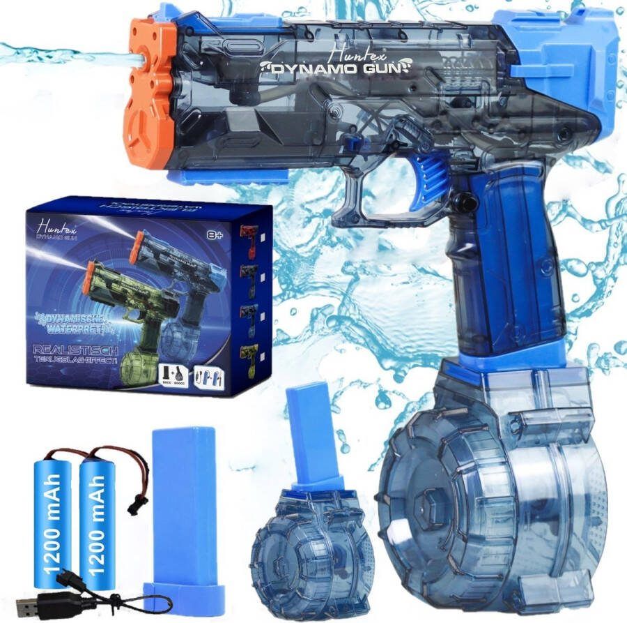 Huntex Dynamo Gun – Blauw Robuust Elektrisch Waterpistool met Realistisch Terugslageffect voor Dynamisch Familieplezier Automatisch Waterpistool Zwembad Speelgoed