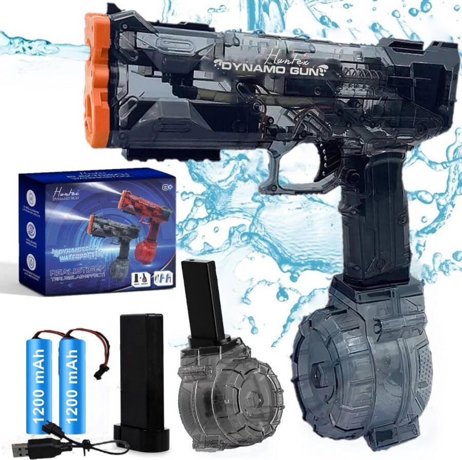Huntex Dynamo Gun – Zwart -Robuust Elektrisch Waterpistool met Realistisch Terugslageffect voor Dynamisch Familieplezier Automatisch Waterpistool Zwembad Speelgoed
