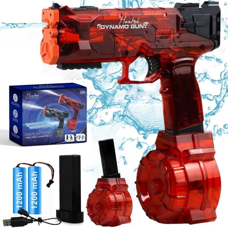 Huntex Dynamo Gun – Rood Robuust Elektrisch Waterpistool met Realistisch Terugslageffect voor Dynamisch Familieplezier Automatisch Waterpistool Zwembad Speelgoed