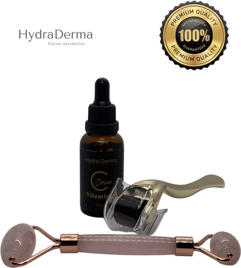 HydraDerma Luxe Dermaroller Set – Microneedling Titanium Skin Roller Huidverzorging Rozenkwarts Gezichtsroller vitamine C Serum 30ML 3 delige set huidverzorging Huidverjonging Gezichtsmassage Cadeau Inspiratie