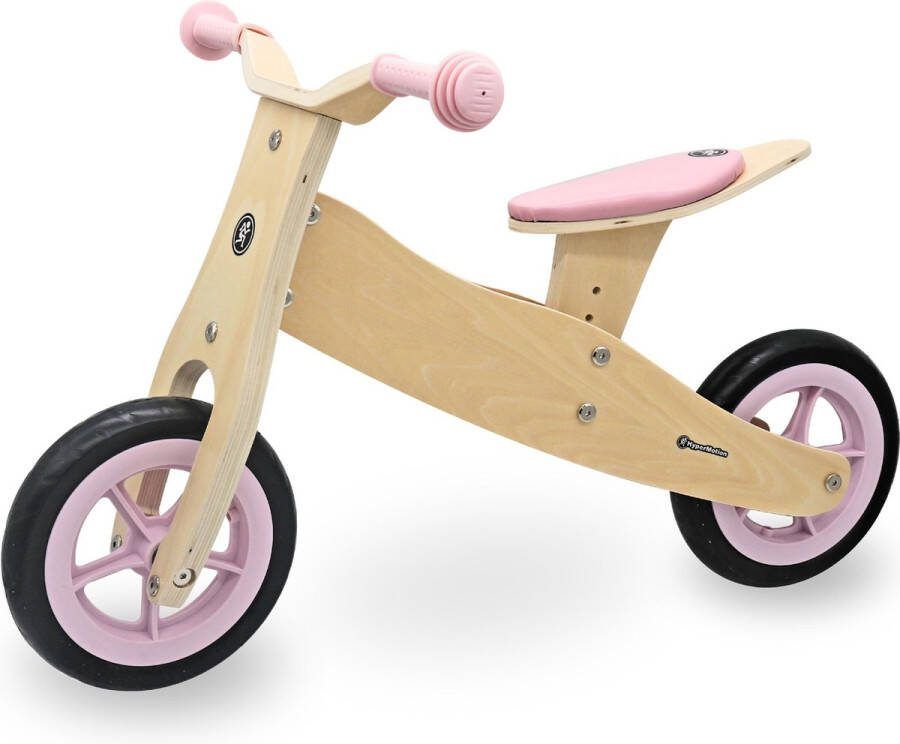 HyperMotion Houten driewieler voor een kind vanaf 18 maanden kinderloopfiets 2-in-1 PERCY fietsen voor peuters loopfiets voor een jongen en een meisje vanaf 2 jaar verstelbare zitting roze