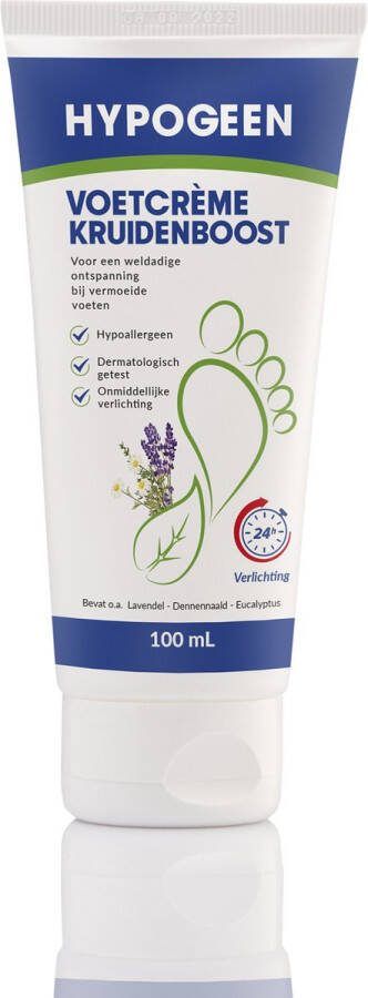 Hypogeen Voetcrème Kruidenboost hypoallergene voetcrème op basis van lavendel dennennaald & eucalyptus hydraterend voetverzorgingsproduct ook voor over gevoelige voeten PH-neutraal tube 100ml