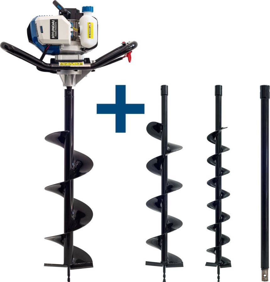 Hyundai grondboorset 50 8cc luchtgekoelde 2-takt benzinemotor Incl. 3 boren Ø 100 150 200 mm “easy-start-technologie”