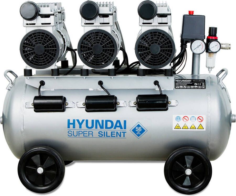 Hyundai stille 59dB compressor 70 liter 8 BAR olievrij Low Noise 'Super Silent