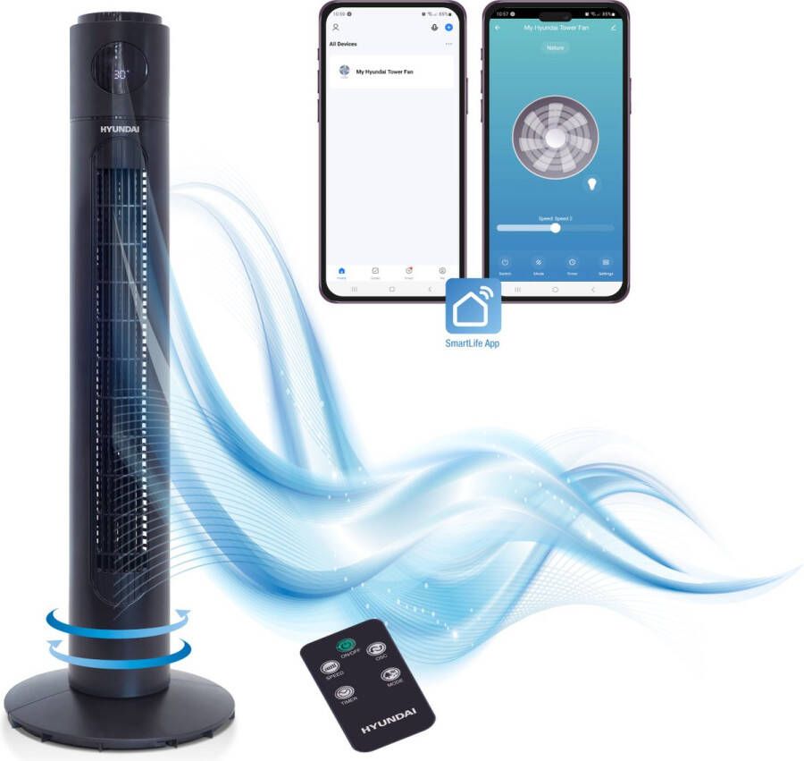 Hyundai torenventilator Deluxe WiFi modern zwart design 91 cm 3 windtypes oscillerend LED display bediening via smartphone afstandbediening of touch