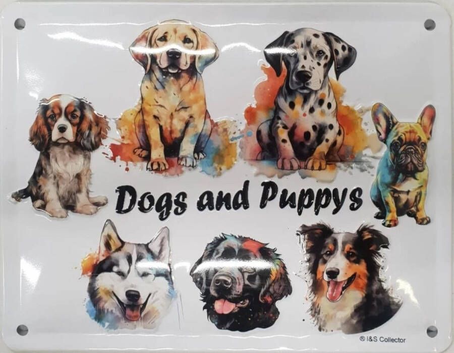 I&S Dogs and Puppys. Metalen wandbord in reliëf 15 x 20 cm