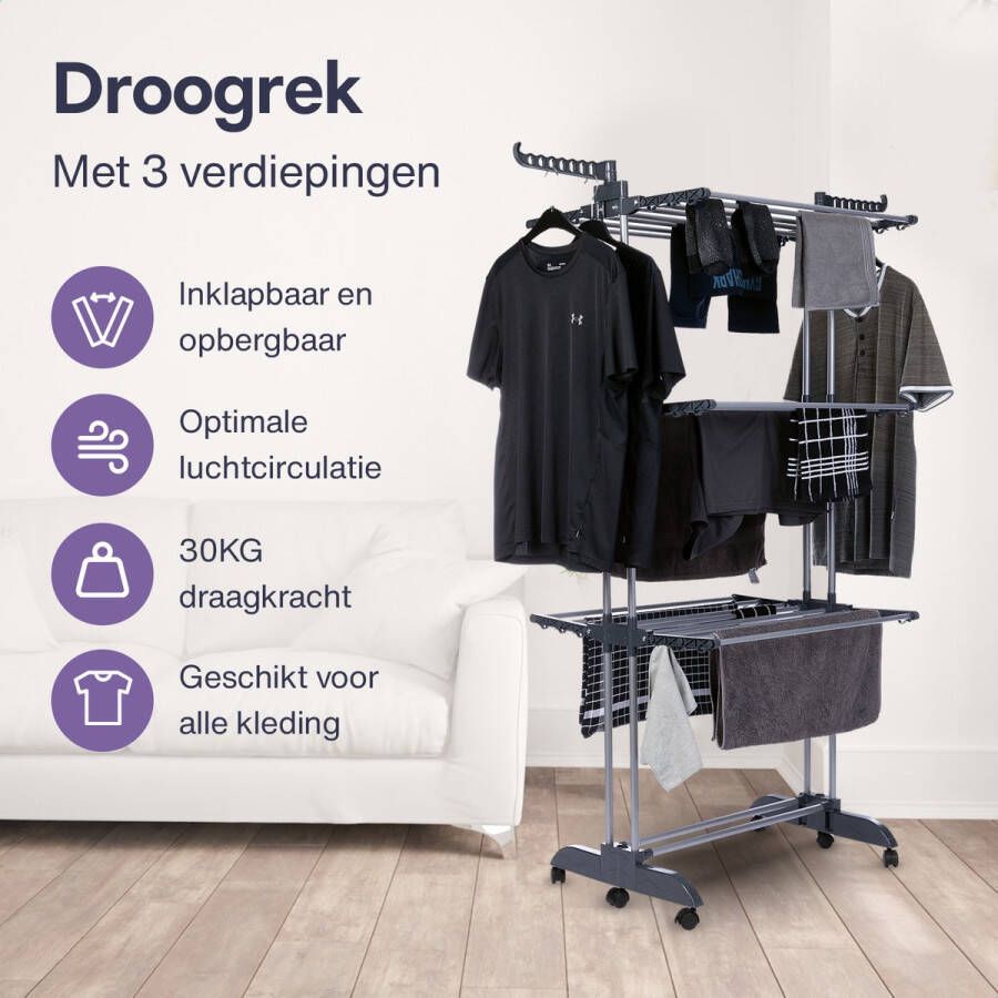 I4Goods Inklapbaar Wasrek Droogrek Staand 44 m Droogtoren Wastoren 3 Laags met Wieltjes Zwart