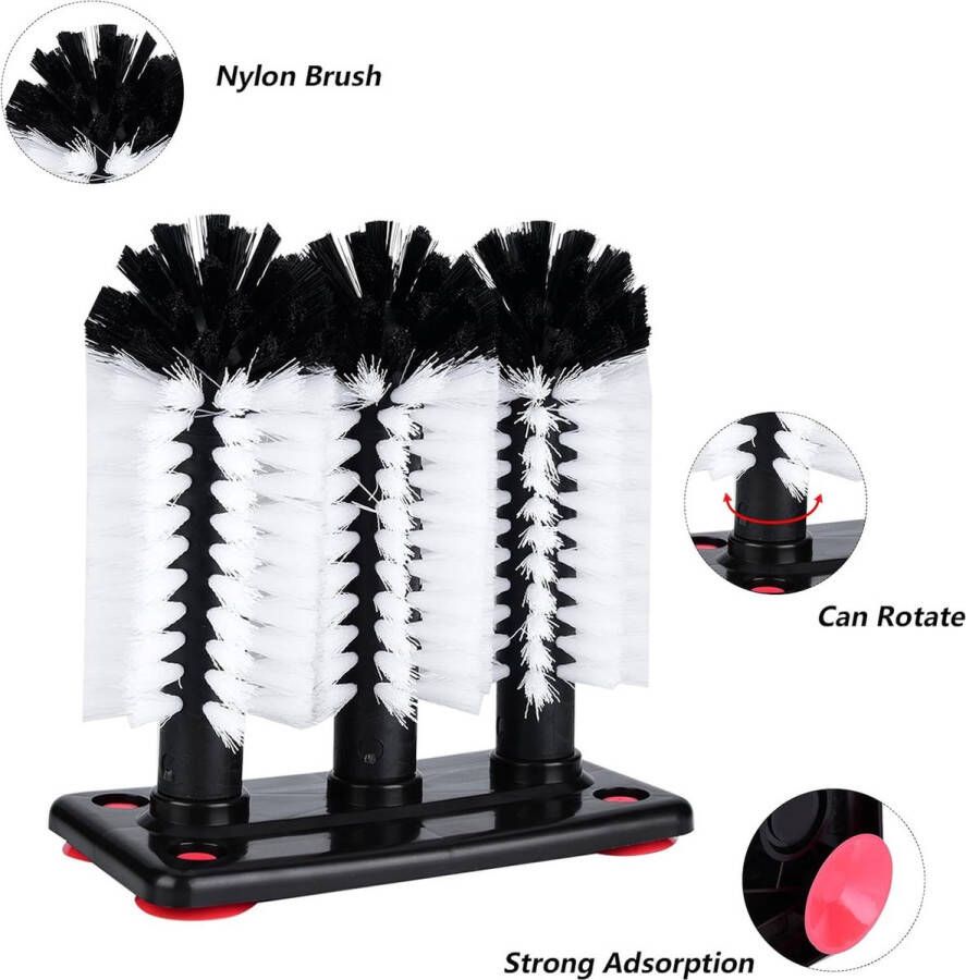IBBO Glazen Spoelborstel met zuignap glasborstel met 3 glazen spoelborstels nylon borstels glazenspoeler bankborstel 3 borstels bar glazen beker wasmachine bierglasreiniger afwasborstel