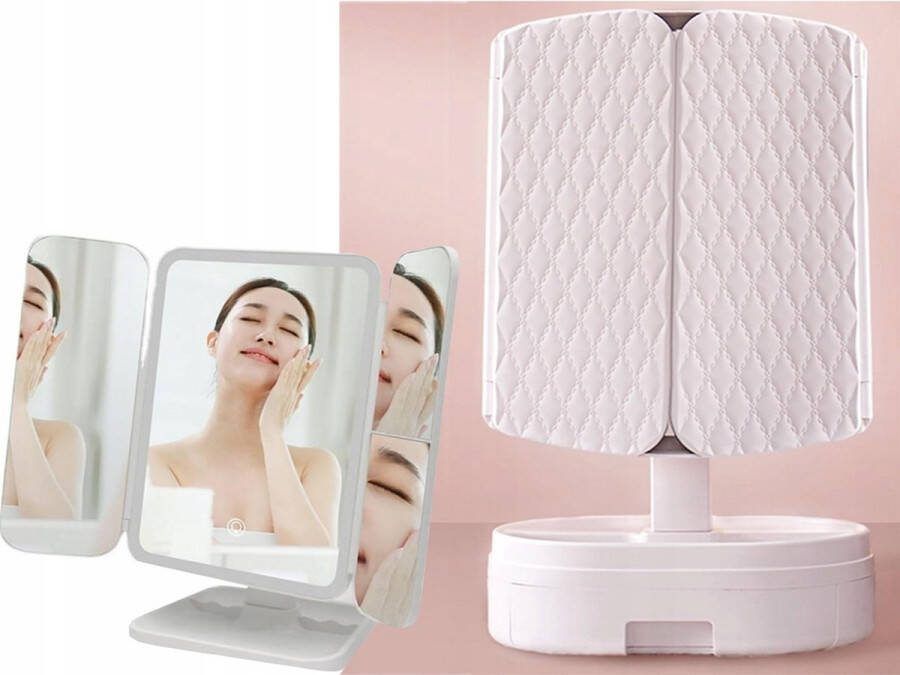 IBBO Make up spiegel XXL Make up spiegel met LED verlichting Staande spiegel 180° draaibaar Luxe Design 3 luik inklapbaar draaibaar Spiegel 2X 3X Vergroting Roze
