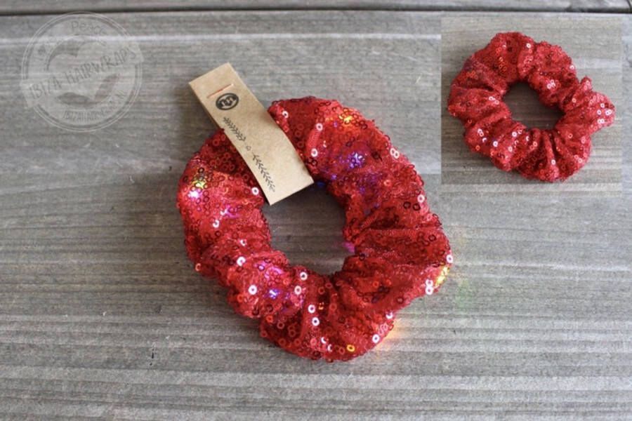 Ibiza Hairwraps Scrunchie pailletten Rood- Scrunchie met licht Pailletten Haarelastiek -Pailletten Haarelastiek met led