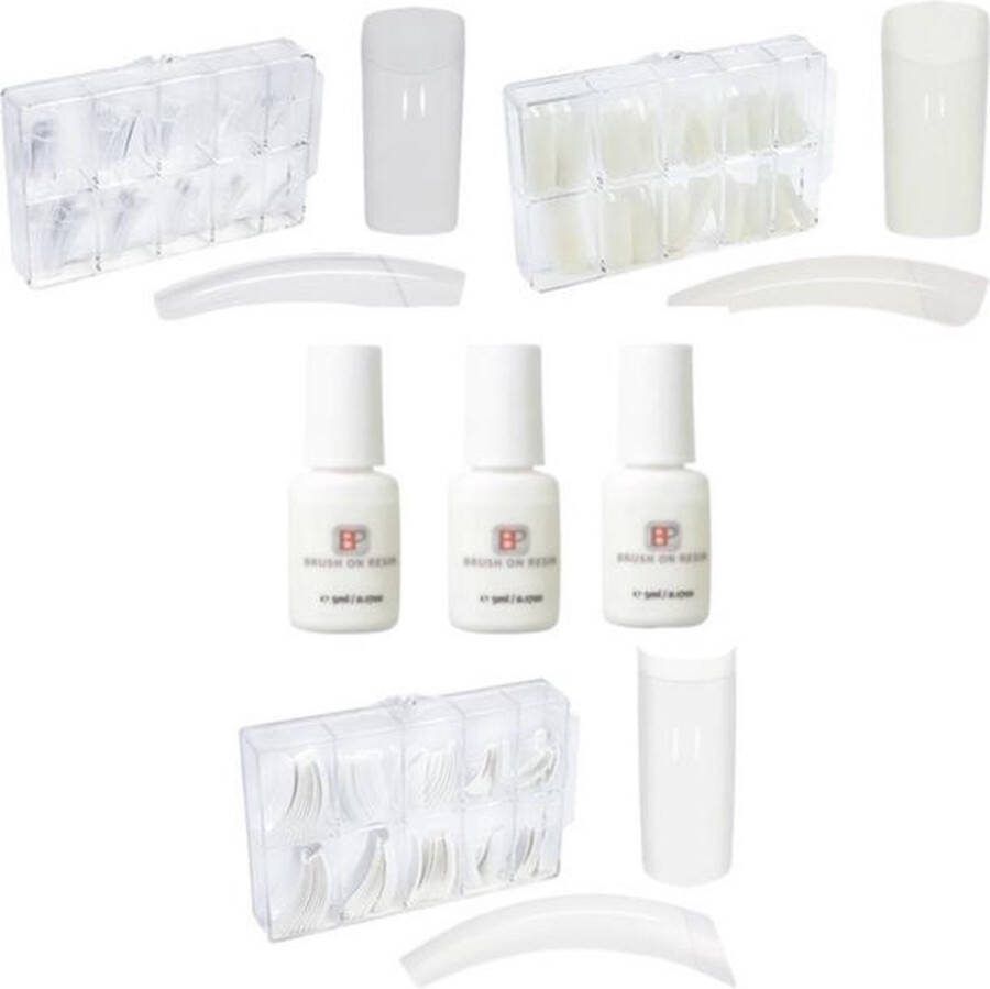 IBP Nepnagel Set 3 x 100 stuks in 3 kleuren Transparant Naturel & Wit + 3 x 5 ml Nagellijm met kwastje