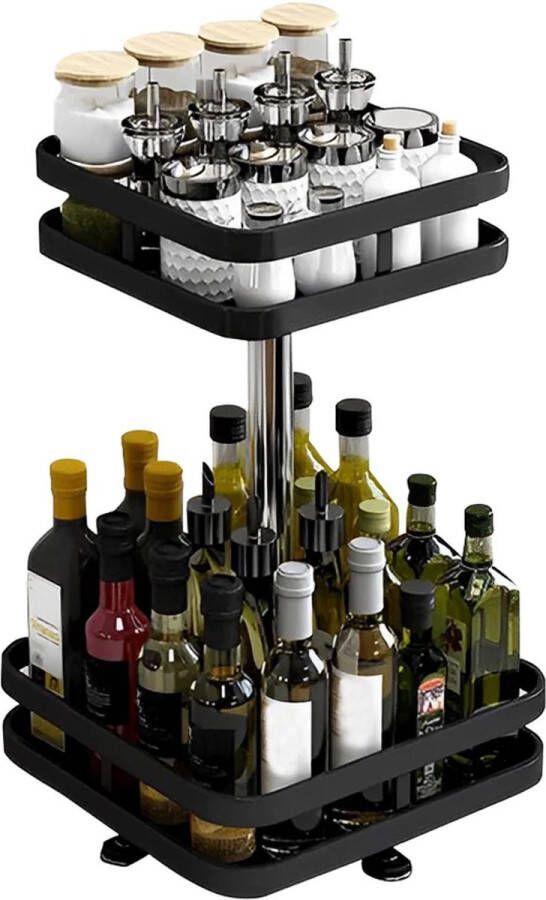 IBright Roterende Keuken Organizer Draaiplateau 2 Laags Badkamer Organizer Kruidenrek Vierkant Zwart Metaal