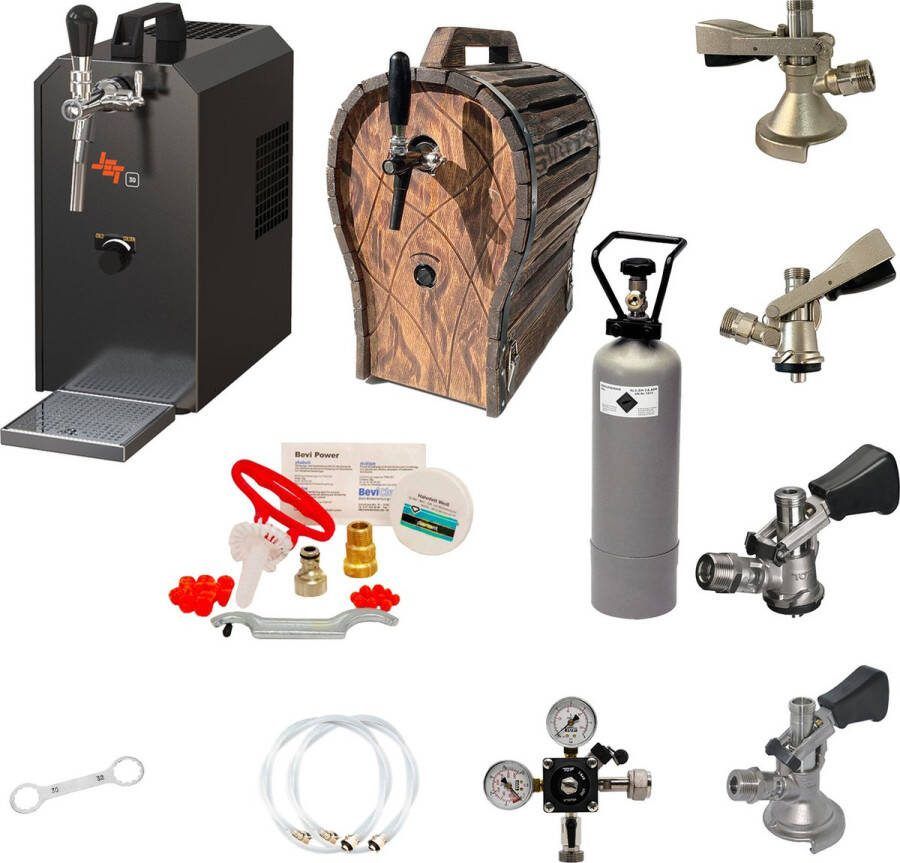ICH Complete Set Biertap JET 30 1-kraans 35 liter uur met 4 x Fustkoppeling Schoonmaakset en met houten vat