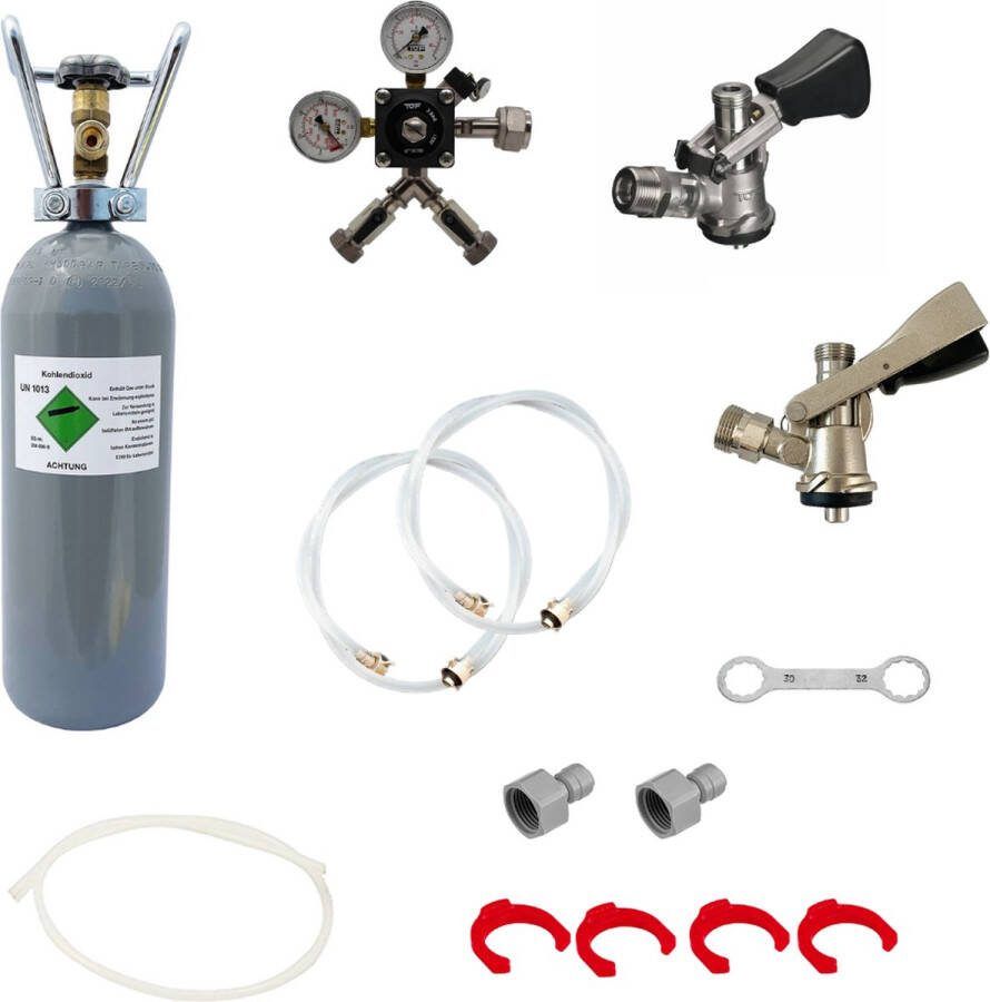 Ich-zapfe Accessoirepakket voor Kontakt 2-kraans met 1x Sankey S korf aansluiting en 1x D systeem aansluiting en 2 kg Co2-fles