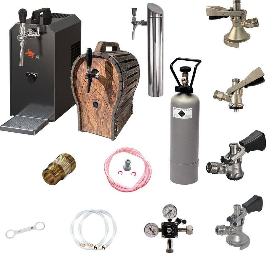 Ich-zapfe Complete Set Biertap JET 30 1-kraans 35 liter uur met 4 x Fustkoppeling met houten vat Bierkoeler