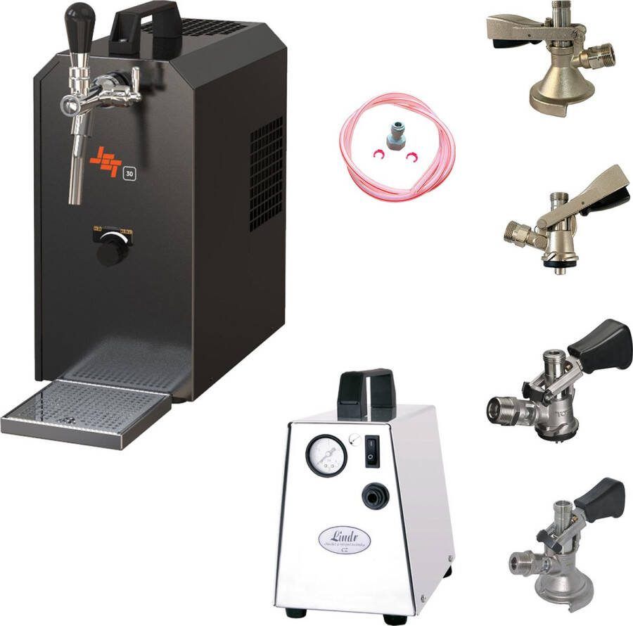 Ich-zapfe Complete Set Biertap JET 30 1-kraans 35 liter uur met 4xFustkoppeling en Persluchtcompressor VK15 Droogkoeler Thuistap Bierkoeler