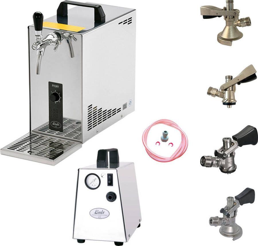 Ich-zapfe Complete Set Biertap PYGMY 25 1-kraans 35 liter uur met Set van 4 Fustkoppeling en Perslucht compressor Droogkoeler Bierkoeler