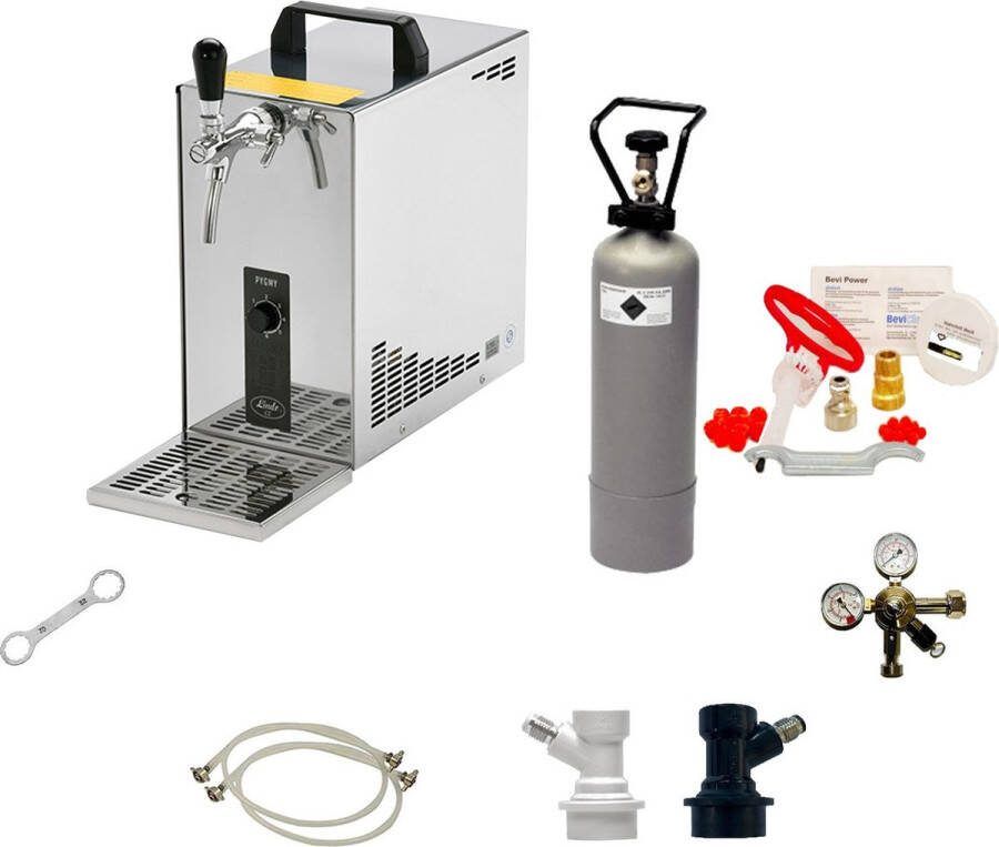 Ich-zapfe Complete Set Tapsysteem Biertap PYGMY 25 1-kraans droogkoeler 35 liter uur biertap Beertender Thuistap Bierkoeler Green Line Reinigingsset voor tap en fust NC Adapter