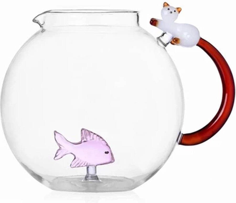 Ichendorf Milano Waterkan Karaf Tabby Cat vis roze + poes wit met staart amber H16.5cm