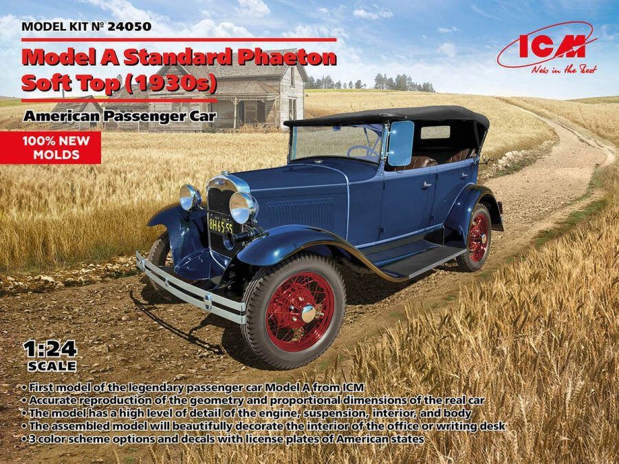 ICM 1:35 24050 Ford Model A Standard Phaeton Soft Top 1930s Amerikaanse Passagierswagen Plastic Modelbouwpakket