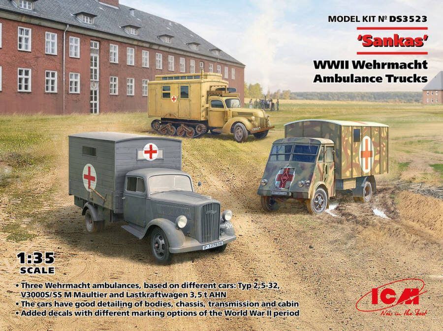 ICM 1:35 DS3523 'Sankas' WWII Wehrmacht Ambulance Trucks 3 Trucks Inbegrepen Plastic Modelbouwpakket