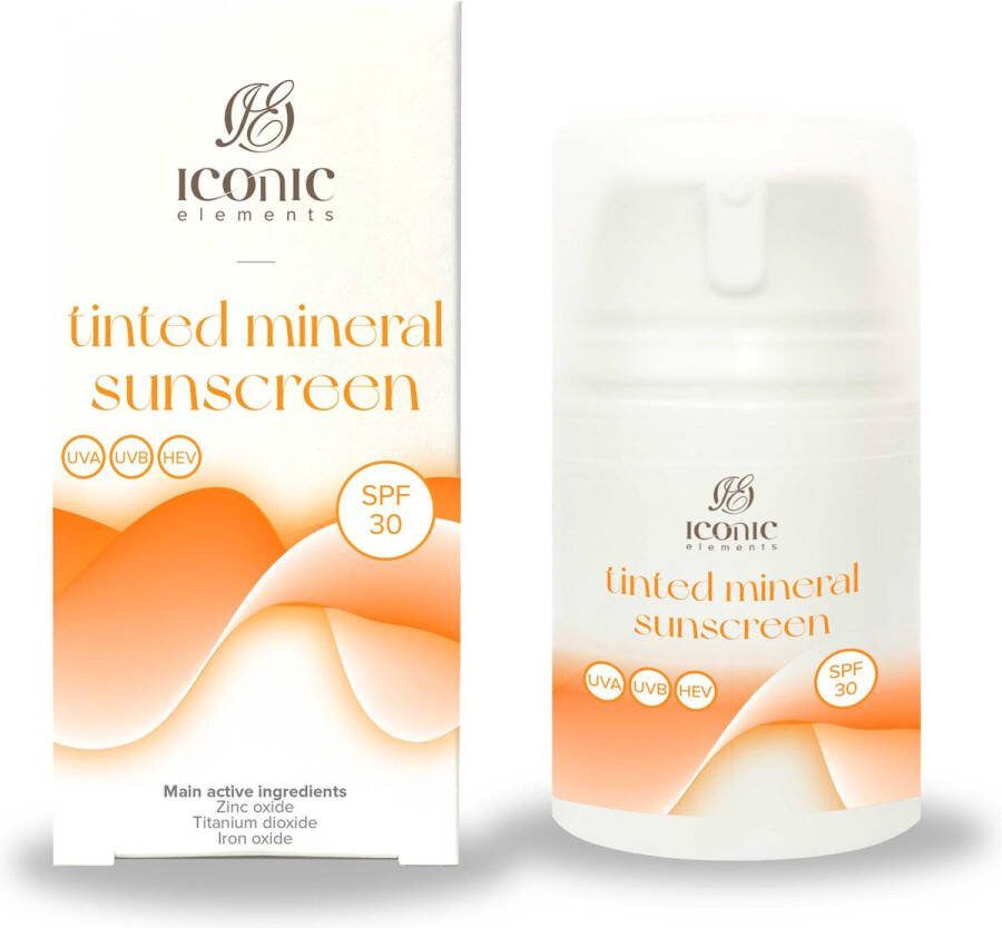 Iconic Elements Tinted Mineral Sunscreen fysische zonnebrand UVA UVB en HEV bescherming 50ml Ontwikkeld door dermatoloog