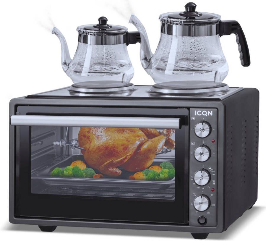 ICQN Vrijstaande Oven Met 2 Kookplaten 42L Convectie Mini Oven Hetelucht & Grillfunctie Dubbelglas Geëmailleerde Holte Zwart