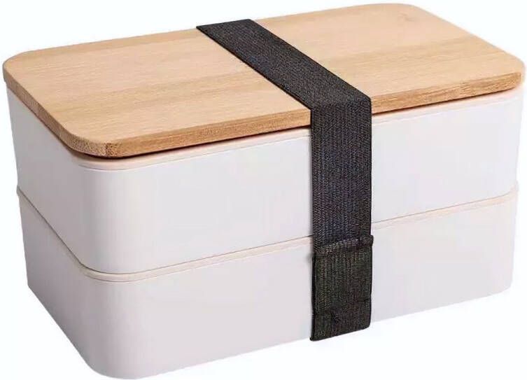 ICYBOY Japanse Dubbel Laag Lunch Bento Box met Houten Bamboe Deksel [WIT] [ICED OUT] [BROODTROMMEL] [MAGNETRON VEILIG PLASTIC] 2022 New Hot Sell Premium Wood Bamboo Lids Microwave Safe Plastic 2 Tiers Japanese Lunch Box Bento With Cutlery Set