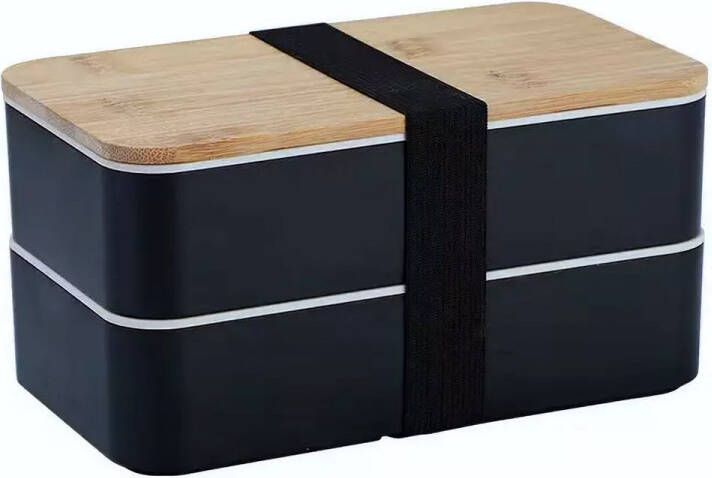 ICYBOY Japanse Dubbel Laag Lunch Bento Box met Houten Bamboe Deksel [ZWART] [ICED OUT] [BROODTROMMEL] [MAGNETRON VEILIG PLASTIC] 2022 New Hot Sell Premium Wood Bamboo Lids Microwave Safe Plastic 2 Tiers Japanese Lunch Box Bento With Cutlery Set