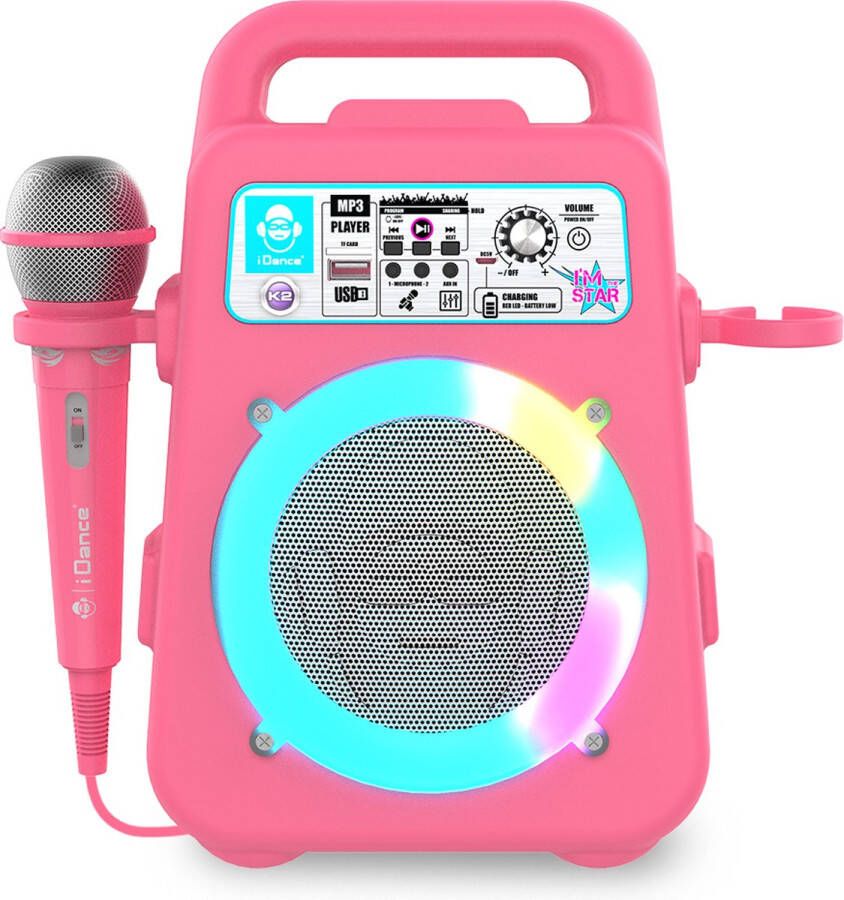 IDance K2V2PK Karaoke Set Bluetooth Party Speaker met Discolicht Inclusief Microfoon Roze