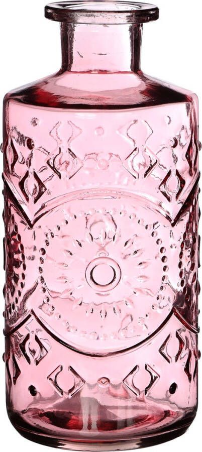 Ideas 4 Seasons Vaas roze Glazen fles Ibiza style Roze Gekleurd glas Bloemenvaas van glas Glaswerk met patroon Vintage Voorjaar Cadeau voor vrouw 21 cm