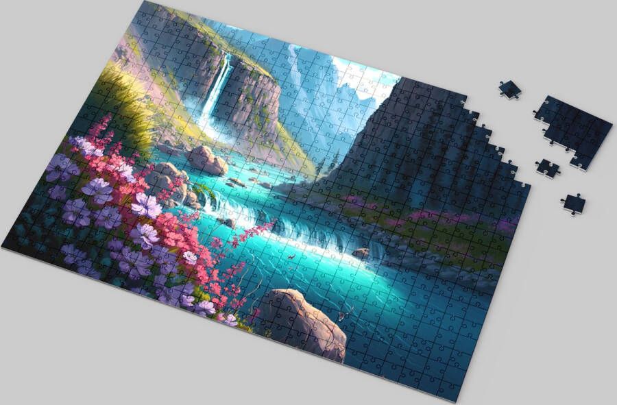 IdeasBox Bergwatervallen met Bloemen Puzzel Betoverende Natuurpracht van 500 Stukjes Hoogwaardige Kartonnen Puzzel Ontspannende Tijdverdrijf Levendige Bloemen en Majestueuze Watervallen Gedetailleerd en Betoverend