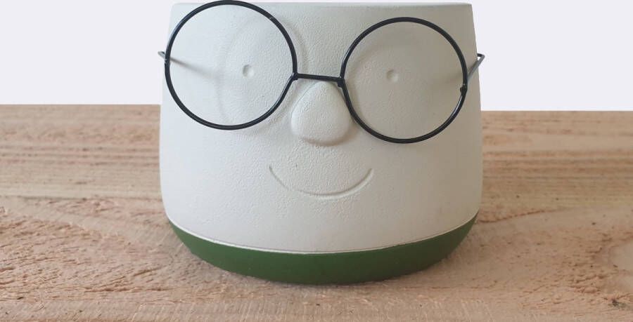 Ideasseason Bloempot crème groen gezicht met bril potmaat 16x 11.5 cm groot XL (33095)