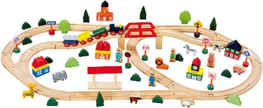 Idee spiel De luxe set houten treinbaan 95 delig x 104 cm