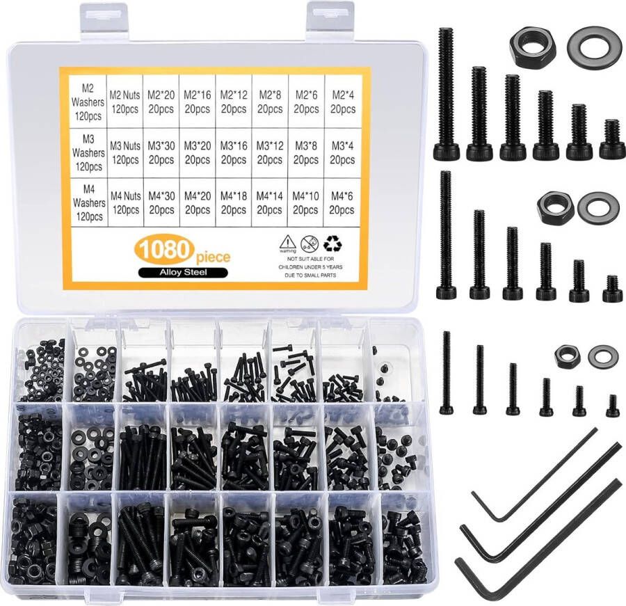 IeGEEK 1080-delen M2 M3 M4 Inbusschroeven Moeren en Ringen Assortiment Set Zwart Hex Hoofd Hex Schroeven Machine Schroeven en Moeren en Ringen van Gehard Gelegeerd Staal