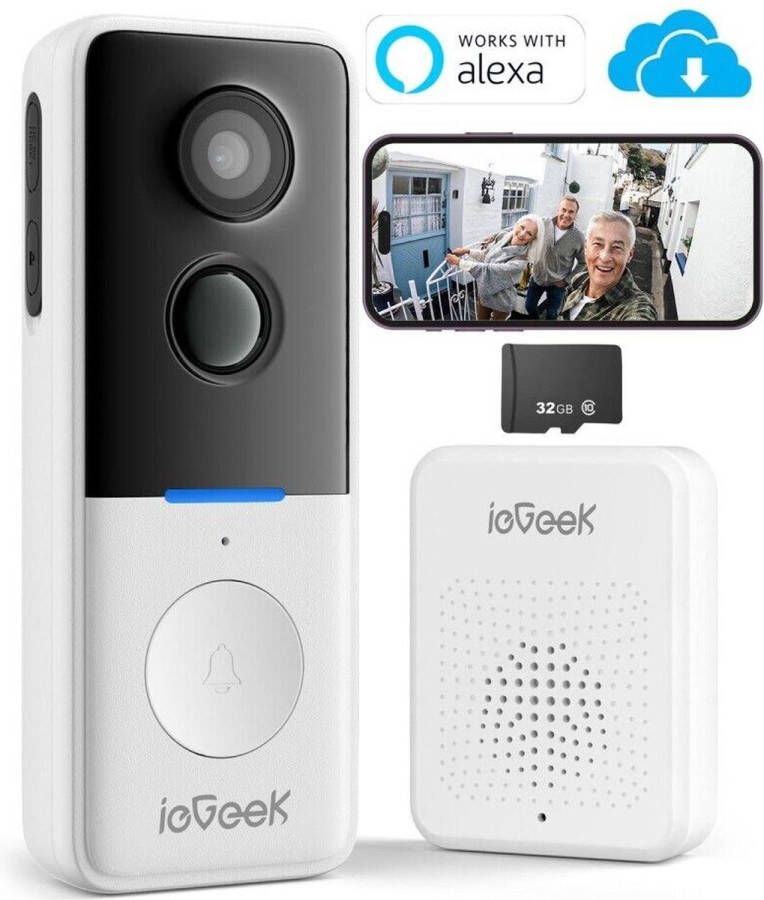 IeGEEK 1080P HD draadloze deurbel met camera draadloze videofoon met bel met 32GB SD-kaart 2 4 GHz wifi PIR-bewegingsdetectie nachtzicht bidirectionele audio waterdicht voor buiten Batterij Aangedreven