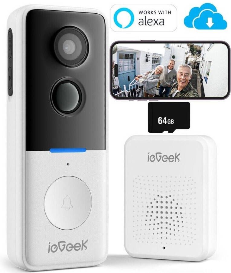 IeGEEK 1080P HD draadloze deurbel met camera draadloze videofoon met bel met 64GB SD-kaart 2 4 GHz wifi PIR-bewegingsdetectie nachtzicht bidirectionele audio waterdicht voor buiten Batterij Aangedreven